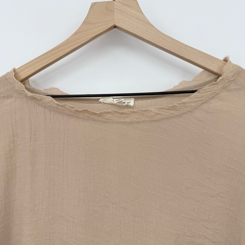 Beige Crinkle Oversized Blouse Smocked Cuff Raw Neck Boho M Lagenlook Minimalist - Picture 5 of 6
